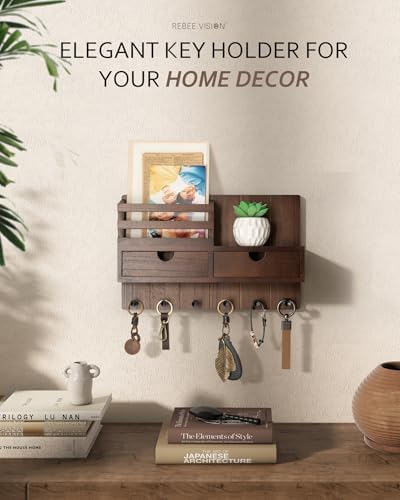 Rebee Vision Key Holder Wall Mount with 2 Drawers for Entryway, Brown - Image 4