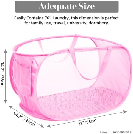 Durable Collapsible Laundry Baskets, Mesh Pop Up Laundry Hamper with Side Pocket, Foldable Clothes Storage Hamper with Reinforced Carry Handles for Laundry, Bathroom, Kids Room, Dorm or Travel Pink - Image 3