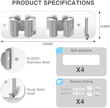 homeasy Wall Mount Mop and Broom Holder, Heavy Duty Stainless Steel Organizer Rack with Hooks | 4-Pack, 2-in-1 No Drill & Screw Installation, Silver - Image 5