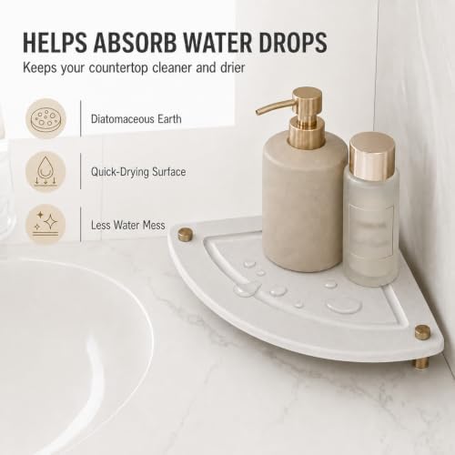 Corner Counter Shelf, Water Absorbing Stone Drying Tray Mat for Kitchen & Bathroom Sink, Diatomaceous Gold Faucet Coaster Soap Dish Rack Riser Dispenser Sponge Holder, Beige, 8.5" x 8.5" - Image 3