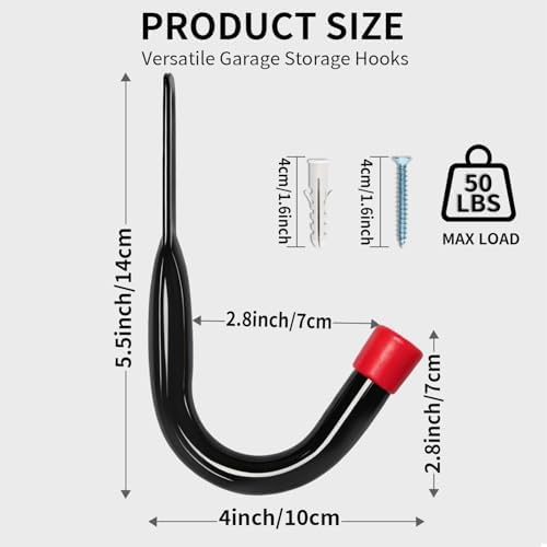 Wall Mount Garage Storage Hooks, Heavy Duty Steel Storage Hook Great for Garden Tools, Hoses, Lawn Mowers (5.5Inch x 4Inch) - Image 2