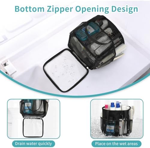 Mesh Shower Caddy Portable for College Dorm Room Essentials, Shower Tote Bag with Hanging Hook and Drawstring, Quick Dry Toiletry Bag with 6 Pockets for Bathroom, Swimming, Gym, Camping, Beach, Travel - Image 3