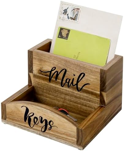 MyGift Premium Acacia Solid Wood Mail Holder and Key Organizer, Entryway Storage Tray or Office Desktop Organizing Bin with Black Cursive Lettering Labels by MyGiftHome