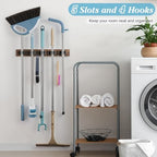 Brown Broom Holder Wall Mount - Heavy Duty Wood Mop and Broom Organizer with 5 Slots & 4 Hooks - Rustic Garden Tool Hanger for Laundry Room Closet Kitchen Garage Storage and Organization - Image 3