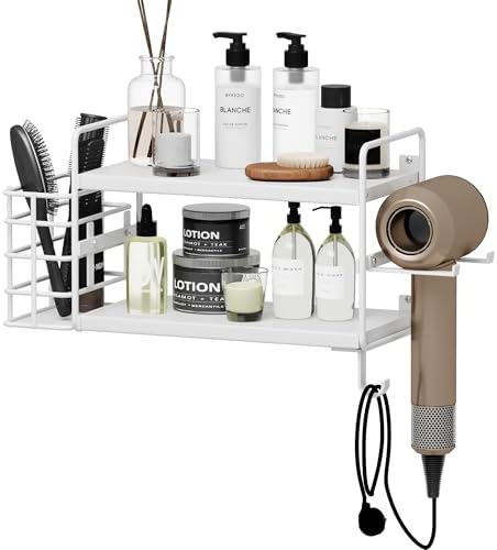 3-in-1 Wall Mounted Hair Dryer Holder with 2 Tier Shelves & Detachable Basket, Space Saving Organizer for Bathroom, Kitchen, Bedroom, Rust-Resistant, Easy Install (White) by Homeiju