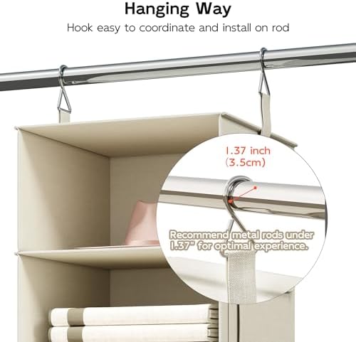 Vailando 6-Shelf Hanging Closet Organizer with 3 Fabric Drawers, Beige | Removable Fabric Drawers, Side Pockets, Reinforced Structure, Space-Saving Storage for Clothes, Nursery and Dorm Rooms - Image 7