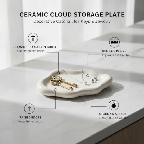 Home Organizers & Minimalists: Ceramic Cloud Catchall Tray for Keys, Jewelry, and Coins – Decorative Entryway or Dresser Dish, Approx. 7.1-7.4 in Diameter (1 Piece) - Image 4
