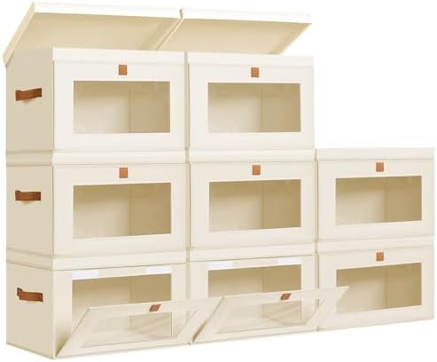 DIMJ Storage Bins with Lids - 8 Pack Large Fabric Closet Organizer with Window & Handles, Collapsible Decorative Storage Boxes for Shelves Under Bed, Books Clothes Blankets Sweaters Organization by DiMJ