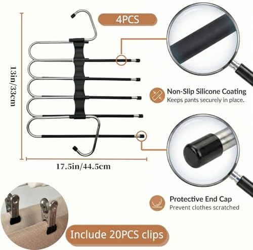 Pants Hangers Space Saving, 5 Tier Jeans Hanger for Closet, Black Multiple Heavy Duty Stainless Steel Pant Rack for Trousers, Legging with 20 Clips (4 Pack) - Image 6