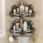 VOLPONE Corner Shower Caddy Suction Cup, 2 Pack Shower Shelves No Drilling, Showers Organizer Storage with Towel Bar & Removable Hooks, Bathroom Shower Shelf Rack for Inside Showers by VOLPONE