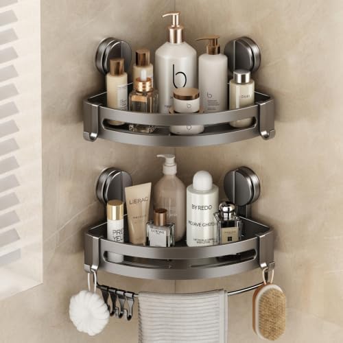 VOLPONE Corner Shower Caddy Suction Cup, 2 Pack Shower Shelves No Drilling, Showers Organizer Storage with Towel Bar & Removable Hooks, Bathroom Shower Shelf Rack for Inside Showers by VOLPONE