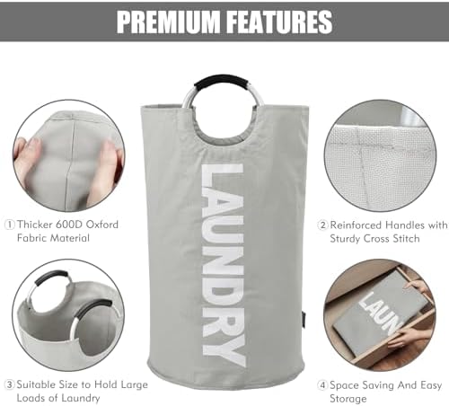 DOKEHOM 125L X-Large Laundry Basket Bag, Collapsible Tall Hamper, Grey - Image 6