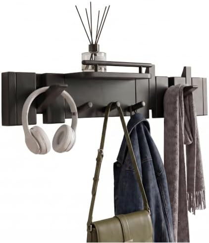 Modern Rustic Wood Coat Rack Wall Mount with Shelf, 7 Hooks, Black by Unknown