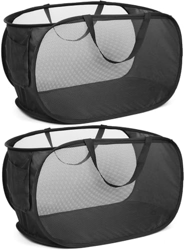 Durable Collapsible Laundry Baskets, Mesh Pop Up Laundry Hamper with Side Pocket, Foldable Clothes Hamper with Reinforced Carry Handles for Laundry, Bathroom, Kids Room, Dorm or Travel 2 Pack Black by Bemkoo