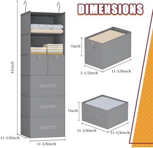 6-Shelf Hanging Closet Organizer with 5 Drawers, Non-Woven Storage, Gray | Spacious compartments sort clothes & undergarments; foldable drawers add hidden storage for closets, wardrobes or RVs. - Image 5