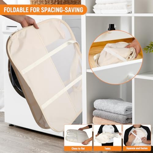 Collapsible Laundry Baskets with Easy Carry Handles, 95L Clothes Hamper for Storage, Foldable Laundry Basket Tear-proof, Large Pop Up Hampers for Laundry, Bedroom, Bathroom, Dorm Beige - Image 6