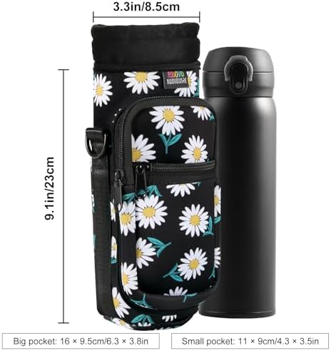 Nuovoware Water Bottle Carrier Bag, 25oz/32oz Bottle Pouch Holder, Adjustable Shoulder Hand Strap 2 Pocket Sling Neoprene Sleeve Sports Accessories for Hiking Travelling Camping, BlackDaisy - Image 4