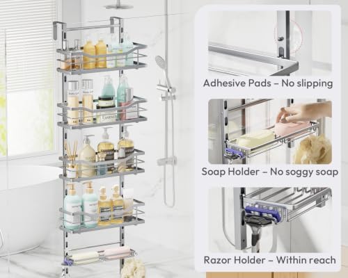 SWTYMIKI Over the Door Shower Caddy - 5 Tier Adjustable Shower Organizer Hanging with Soap Holder, No Drilling Stainless Steel Bathroom Rack Hanging for Body Wash, Shampoo, Soap, Razor, Silver - Image 6