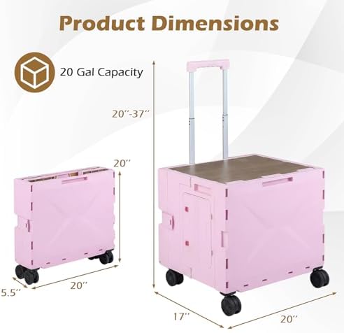 Goplus Foldable Utility Cart, Portable Rolling Crate Handcart with 4 Rotate Wheels, Telescoping Handle, Lid & Cup Holder for Travel, Shopping, Luggage, Grocery, Office & Teacher (Pink) - Image 5