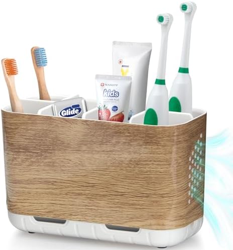 Boperzi Toothbrush and Toothpaste Holder Wood Grain for Bathroom Countertop with Adjustable Dividers, Toothpaste Caddy Organizer Storage Rustic Decor Set Freestanding Anti-Slip for Shower,Family,Kids by Boperzi