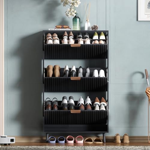 Shoe Cabinet Storage,Modern Freestanding Organizer with 3 Flip Drawers,Narrow Shoe Rack Cabinet for Entryway,Black by QIVOMIX