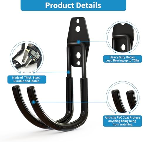 GeeWatom Garage Storage Utility Hooks，Garage Garden Tool Organizer，Steel Wall Mount Hooks, Large Garden U Hooks （2 Pack） (Type-2-Black) - Image 3