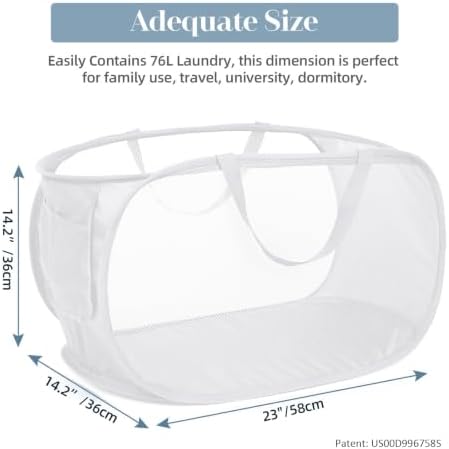 Strong Mesh Pop Up Laundry Basket, Collapsible Laundry Hamper with Side Pocket, Foldable Clothes Pop Up Hamper with Durable Reinforced Handles for Laundry, Bathroom, Kids Room, Dorm or Travel White - Image 3