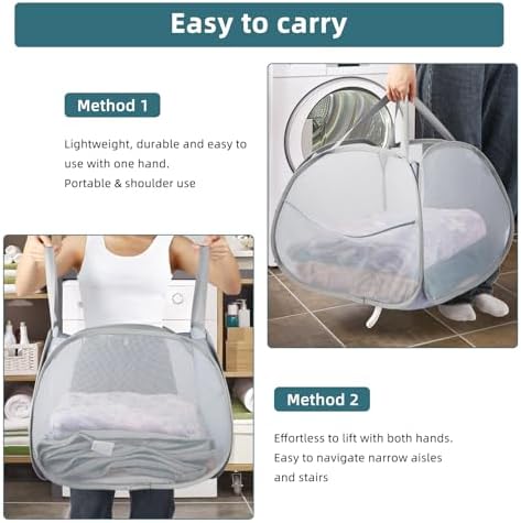 2 Pack Collapsible Laundry Baskets, 90L Large Foldable Laundry Basket, Durable Mesh Pop Up Hampers for Laundry, Dirty Clothes Laundry Hamper for Bedroom, Bathroom, Dorm, Laundry Room, Travel Grey - Image 6