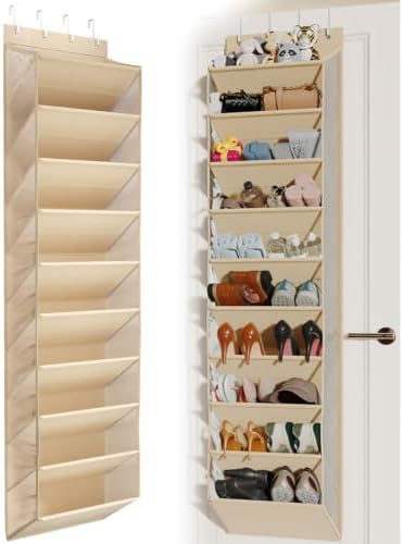 Mefirt 20-25 Pairs Over the Door Shoe Organizer, Clear Pockets Shoe Rack for Closet Door, 10-Tier Hanging Shoe Rack for Boots, Behind the Door Shoe Holder Fit All the Family's Sneakers, Heels, Beige by Mefirt