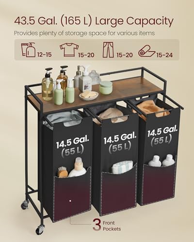 VASAGLE Laundry Sorter 3 Section, Rolling Cart with Shelf 43.5 Gal. (165 L) - Image 3
