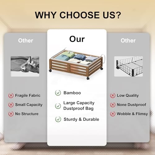 Under Bed Storage with Wheels, 2 Pack Bamboo Drawers for Shoes and Clothes - Image 2