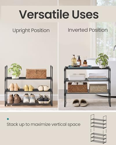 SONGMICS Shoe Rack, 3-Tier Shoe Organizer, Metal Storage Shelf | for Entryway, Upright or Upside Down, for 8-12 Pairs, Stackable, 11.8 x 26.8 x 21.7 Inches, Black ULSA203B01 - Image 4