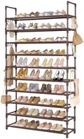 LANTEFUL Tall Shoe Rack 10 Tier Shoe Organizer Large Shoe Shelf with 18 Hooks Storage for 50 Pair Sneaker and Boot, Stackable Vertical Shoe Rack Organizer for Closet, Entryway, Bedroom, Brown by LANTEFULforTidyingHouse