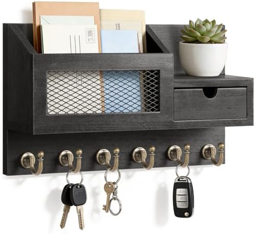 FifthQuarter Key Hooks for Wall with Drawer and 6 Sturdy Key Hooks, B-Black by FifthQuarter