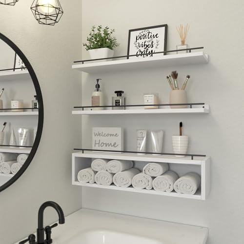 WOPITUES Floating Shelves for Wall 24 inch with Cube Shelf, Wall Shelves with Metal Rail for Bathroom Decor, Bathroom Organizers and Storage, Over Toilet Shelves, Toilet Paper-White - Image 2