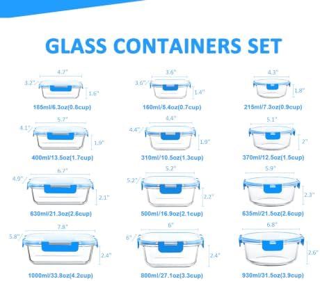KOMUEE 24 Pieces Glass Food Storage Containers Set, Blue - Image 2