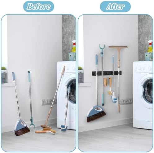 Black Broom Holder Wall Mount - Heavy Duty Wood Mop and Broom Organizer with 5 Slots & 4 Hooks - Sturdy Garden Tool Hanger for Laundry Room Closet Kitchen Garage Storage and Organization - Image 3