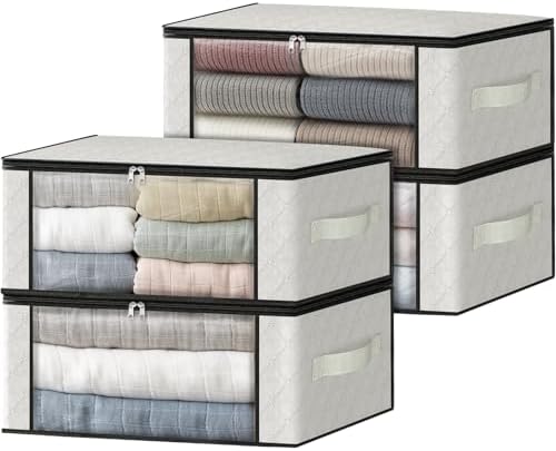 HomeHacks 4-Pack Clothes Organizer Storage Bags, 35L Storage Bins, White | Foldable Storage Box Container with Zippers, Clear Window, Reinforced Handles for Closet, Dorm, Pillows, Bedding, Sweater by HomeHacks