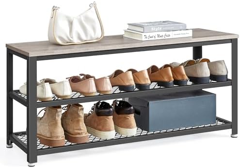 VASAGLE 3-Tier Shoe Rack, Storage Bench with Metal Mesh Shelves and Seat - Image 7