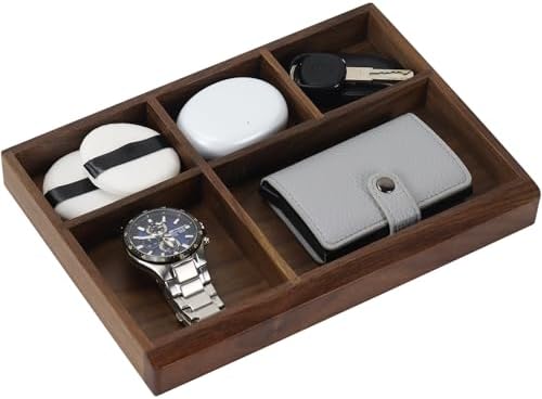 MultiBey 5-Slot Walnut Valet Tray, Wooden Nightstand & Desk Organizer by MultiBey
