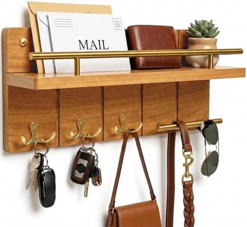 15.7” Solid Teak Wood Key Holder Wall Mount with Shelf and Hooks by Fopeat