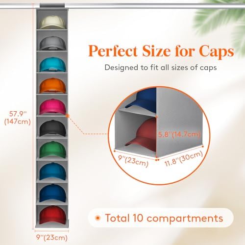 Lifewit 10 Section Hanging Hat Organizer for Baseball Caps, Gray, 2 Pack - Image 2