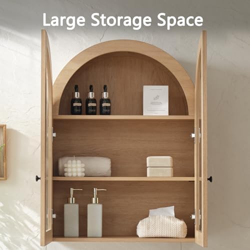 Bathroom Arched Wall Cabinet Over The Toilet Storage Cabinet, 23.5×31.4 Inch bathroom cabinet wall mount with Glass Doors & Adjustable Shelves, Wood Cabinet for Laundry Room, Kitchen,Natural oak - Image 3