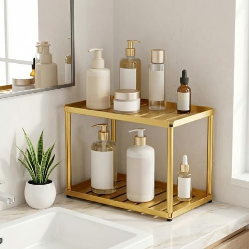 2 Tier Bathroom Counter Organizer, Rectangular Vanity Organizer Shelf, Skincare and Makeup Countertop Storage Rack for Kitchen, Bathroom, Bedroom Gold - Image 7