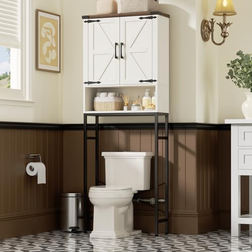 Over The Toilet Storage Cabinet with Farmhouse Doors and Adjustable Shelf, Tall Bathroom Organizer with Metal Stand Space Saver Over Toilet , Wood Rack for Bathroom, Restroom, Laundry, White - Image 3