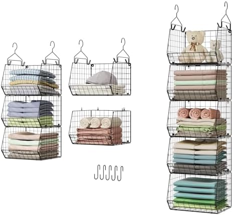 X-cosrack 5 Tier Closet Hanging Organizer, Clothes Hanging Shelves with 4 Hanging Hooks 5 S Hooks, Wire Storage Basket Bins, for Clothing Sweaters Shoes Handbags Clutches Accessories Patent Design by X-cosrack