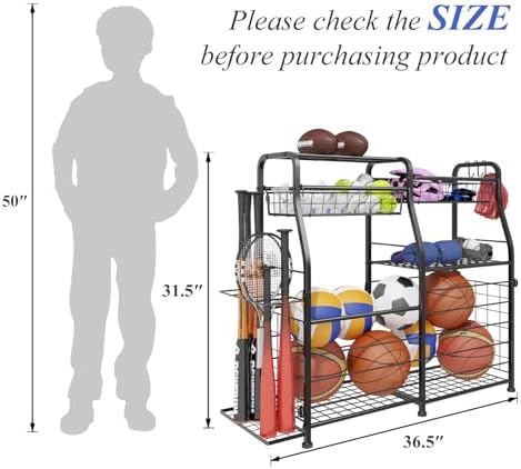 Garage Sports Equipment Organizer with Wheels - Ball Storage Rack with Elastic Rope or Wire Mesh,Garage Organizer System,Indoor/Outdoor Sports Rack for Sports Gear and Toys Storage,Black - Image 2