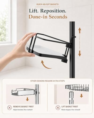 ALLZONE Corner Shower Caddy Tension Pole, 4 Hang-On Basket with Mixed-Height Shelves for Various Bottle Sizes, Extra Hooks & Soap Holder, Rustproof Stainless Steel, Fits 34–116 Inch, Black/White - Image 2