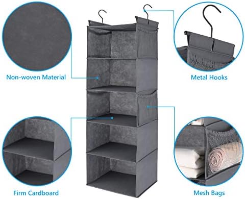 MAX Houser 5 Shelf Foldable Hanging Closet Organizer, Cloth Hanging Shelf with 4 Side Pockets, Space Saver, Grey - Image 4