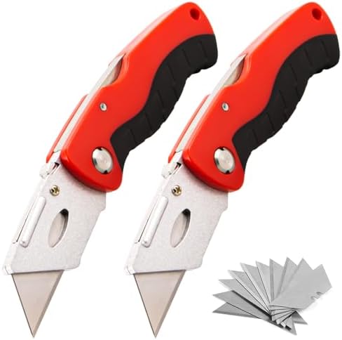 (2-Pack) Box Cutter with 10 Extra Blades, Heavy Duty Folding Utility Knife for Cardboard, Carton, Carpet Cutting, Anti-slip Rubber & ABS Handle, Quick Replace Blade by Besosay